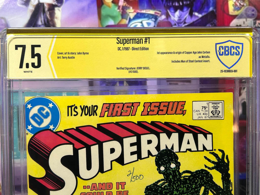 SUPERMAN #1 CBCS 7.5 Verified SIGNATURE by creator JERRY SIEGEL 1987 2/500