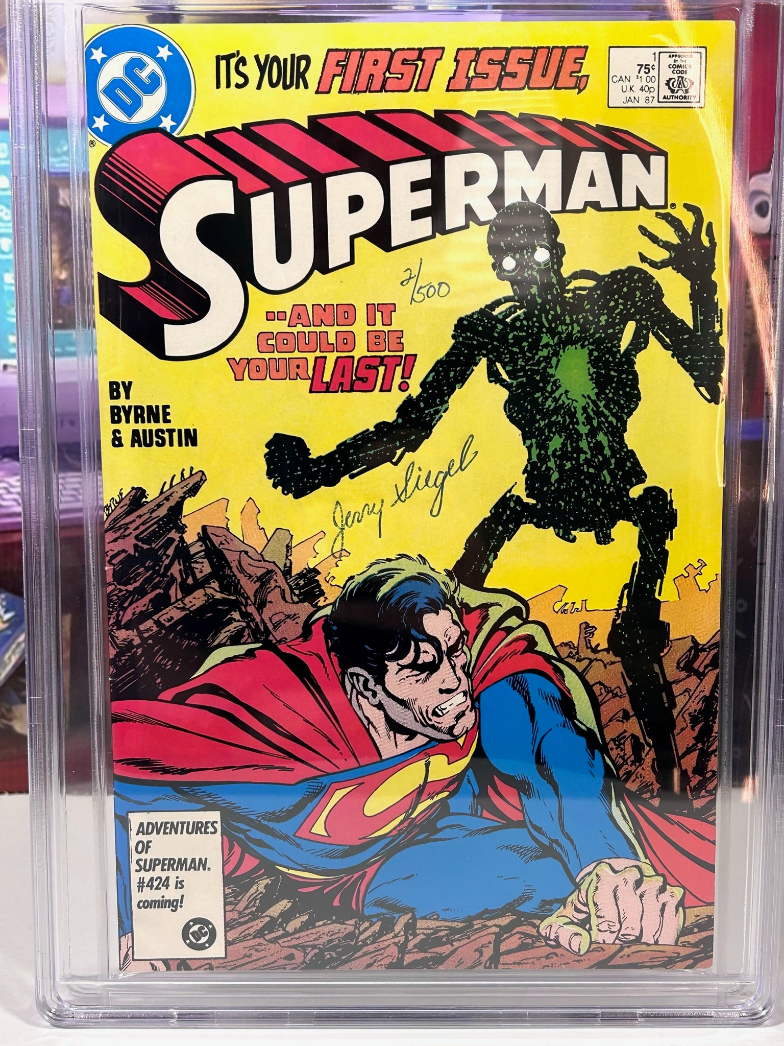 SUPERMAN #1 CBCS 7.5 Verified SIGNATURE by creator JERRY SIEGEL 1987 2/500